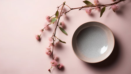 Branch of blooming sakura and empty plate on pink backgroundの素材