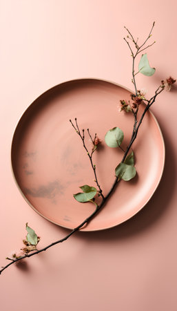 Empty plate with branch and flowers on pink background. Minimal style.の素材