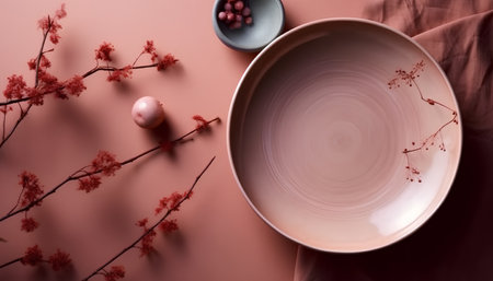 Ceramic plate and red cherry blossoms on a pink backgroundの素材