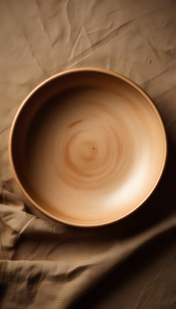 Empty ceramic plate on linen tablecloth. Selective focus. Toned.の素材