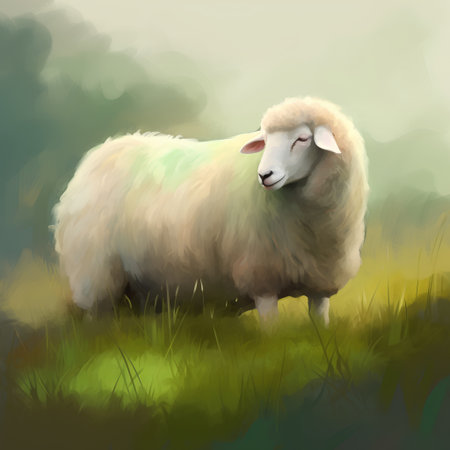 Sheep in the meadow. Digital painting. Vector illustration.の素材