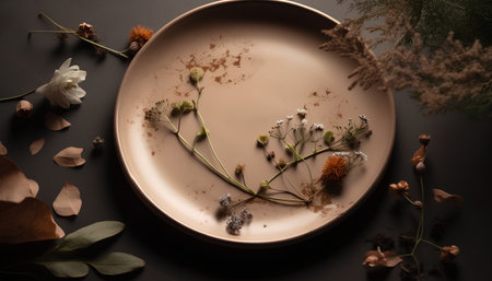Plate with dried flowers and leaves on black background, top viewの素材