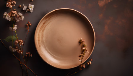 Empty ceramic plate with dry flowers on brown background. Top view.の素材