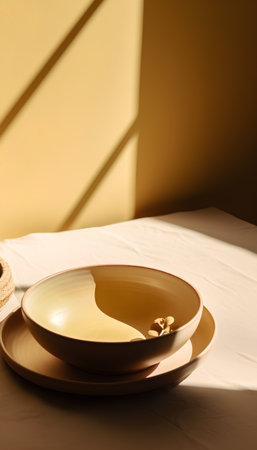 Ceramic plates on a table in a room with sunlight and shadowの素材