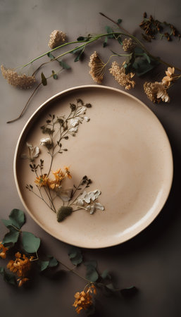 Empty plate with dried flowers and leaves on grey background. Flat lay.の素材