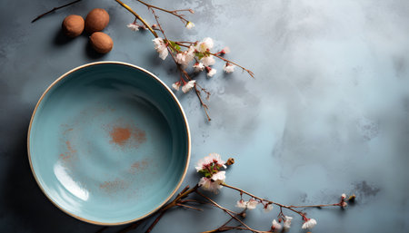 Empty blue plate and branch of blossoming apricot tree on a blue backgroundの素材