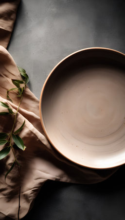 Empty ceramic plate with linen napkin on dark background, top viewの素材