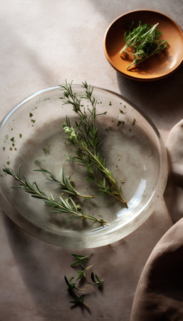 Rosemary and thyme in a glass plate on a table.の素材