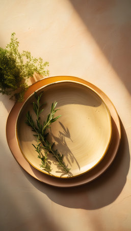 Rustic table setting with rosemary on golden plate. Minimal concept.の素材