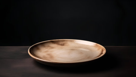 Empty brown ceramic plate on wooden table with black background. Copy space.の素材
