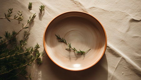 Ceramic plate with rosemary and thyme on the tableの素材