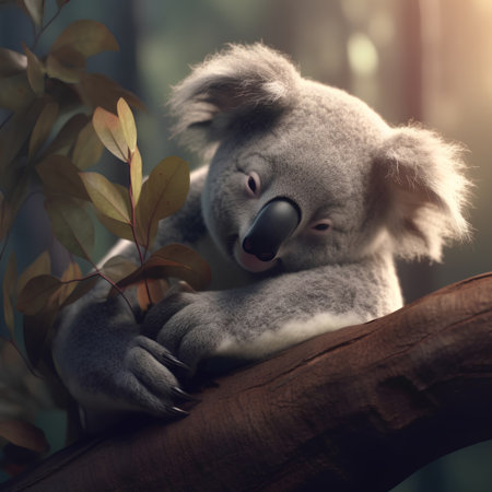 Cute koala bear sitting on eucalyptus branch in summer forestの素材
