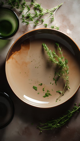 Mushroom soup with thyme and rosemary on brown backgroundの素材