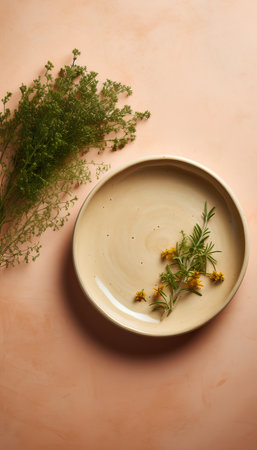 Top view of empty ceramic plate with wildflowers on orange backgroundの素材