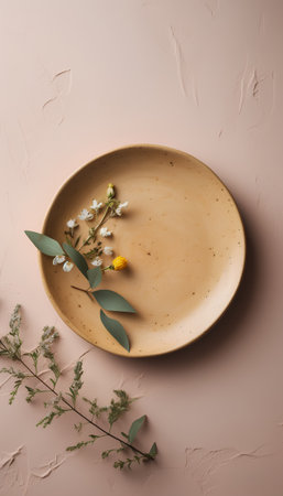 Ceramic plate with gypsophila flowers and eucalyptus branches on beige background. Flat lay, top view.の素材