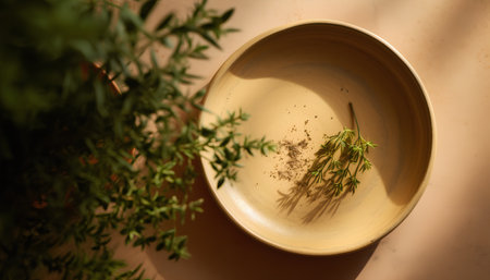 Dried herbs on a yellow plate on a beige background.の素材