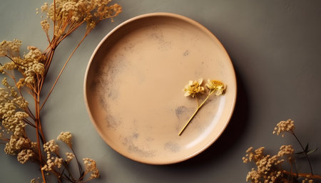 Empty plate with dried flowers on a gray background. Top view.の素材