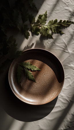 Ceramic plate and green leaves on a white background with shadowsの素材