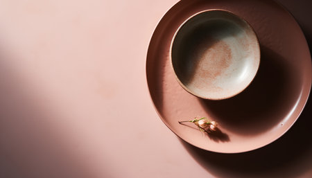 Ceramic plate and bowl on pink background. Flat lay.の素材