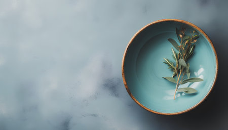 Blue ceramic plate with dried herbs on gray background, top view, copy spaceの素材