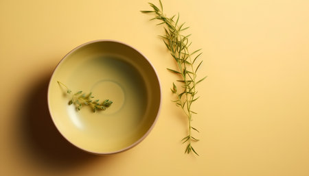 Top view of green tea in bowl with rosemary on yellow backgroundの素材