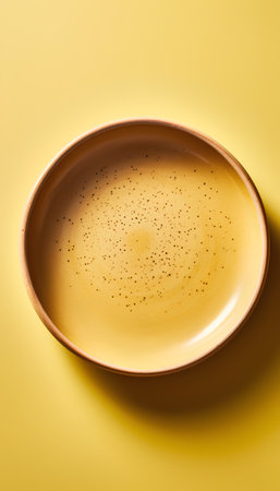Empty ceramic plate on yellow background. Top view with copy space.の素材