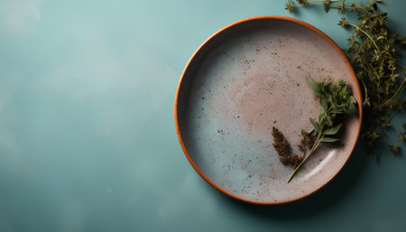 Empty plate with herbs on blue background. Top view, copy spaceの素材