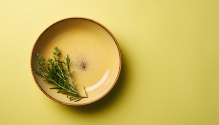 Top view of empty plate with rosemary and cinnamon on yellow backgroundの素材