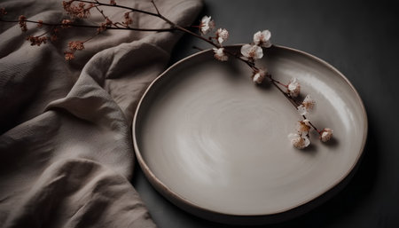 Ceramic plate with spring flowers on dark background, selective focusの素材