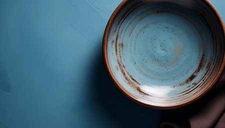 Empty ceramic plate on a blue background. Top view. Copy space.の素材