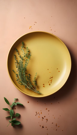 Plate with thyme and rosemary on color background, top viewの素材