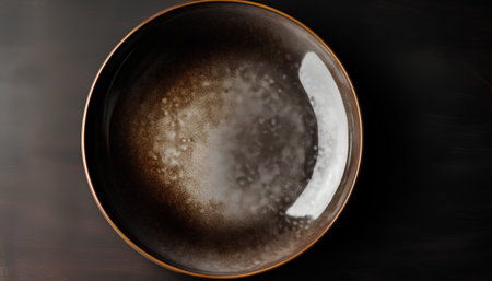 Empty ceramic plate on black leather background. 3d render illustration.の素材
