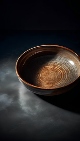 Empty ceramic plate on black background. Copy space. Toned.の素材