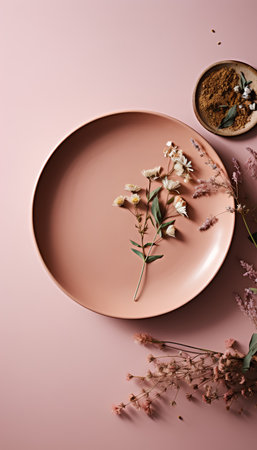 Flat lay composition with pink plates, dried flowers and spices on pink backgroundの素材
