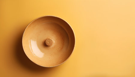 Empty ceramic bowl on yellow background. Top view. Copy space.の素材