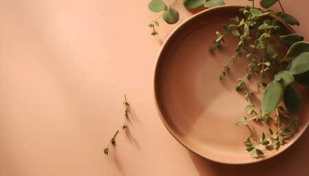 Ceramic plate with eucalyptus branches on orange backgroundの素材