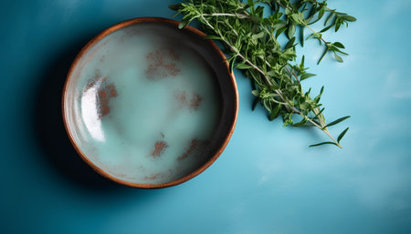 Plate with sprigs of fresh thyme on blue backgroundの素材