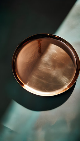 Round copper plate with shadow on the wall. Close-up.の素材