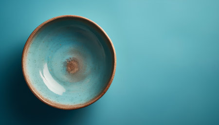 Empty ceramic bowl on blue background. Top view. Copy space.の素材
