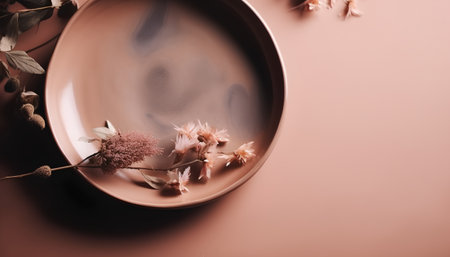 Ceramic bowl with dried flowers and leaves on a pink backgroundの素材