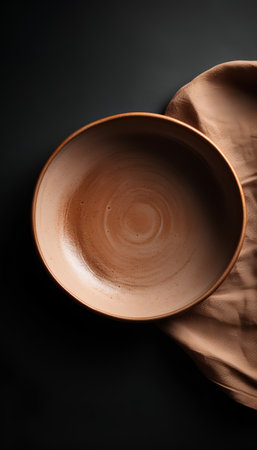 Empty brown ceramic plate on black background. Copy space for your text.の素材