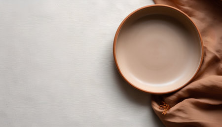 Empty plate on linen tablecloth. Top view, copy space.の素材