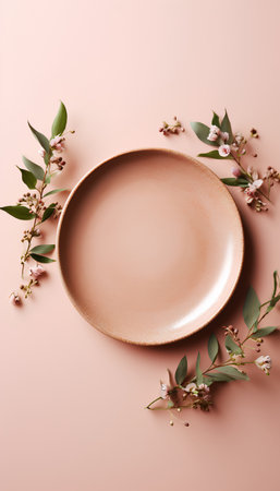Empty plate with floral decoration on pink background. Flat lay, top view.の素材