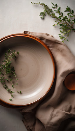 Rustic ceramic plate with thyme on linen tablecloth. Flat lay, top viewの素材