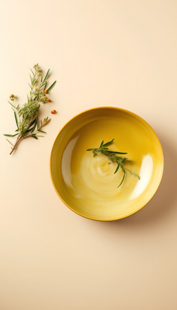 Yellow plate with rosemary and thyme on a beige backgroundの素材