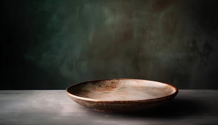Empty ceramic bowl on the table. Dark background. Toned.の素材