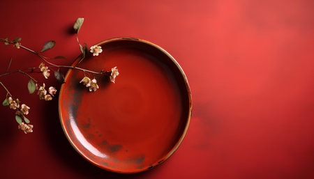 Empty ceramic plate on red background. Top view with copy space.の素材