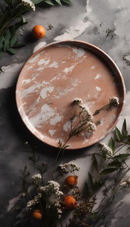 Empty ceramic plate with gypsophila flowers on a marble tableの素材