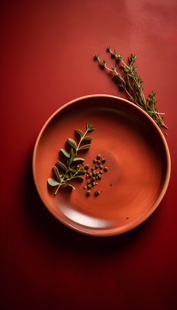 Herbs and spices on a red plate on a dark red backgroundの素材