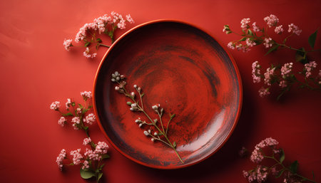 Empty ceramic plate with flowers on red background. Top view, flat layの素材